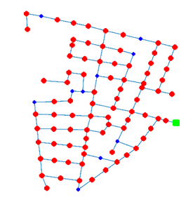 82 AMR locations (nodes with red color) in “Area C” of L-Town. Nodes colored in blue do not have AMRs installed.