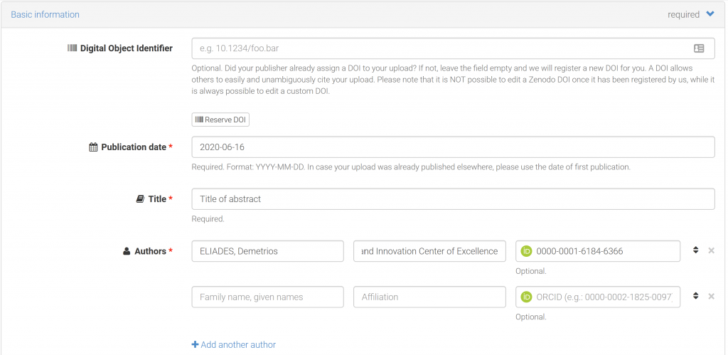 Entering basic information in Zenodo