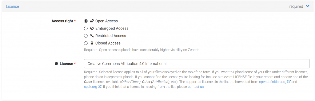 Access rights and License in Zenodo